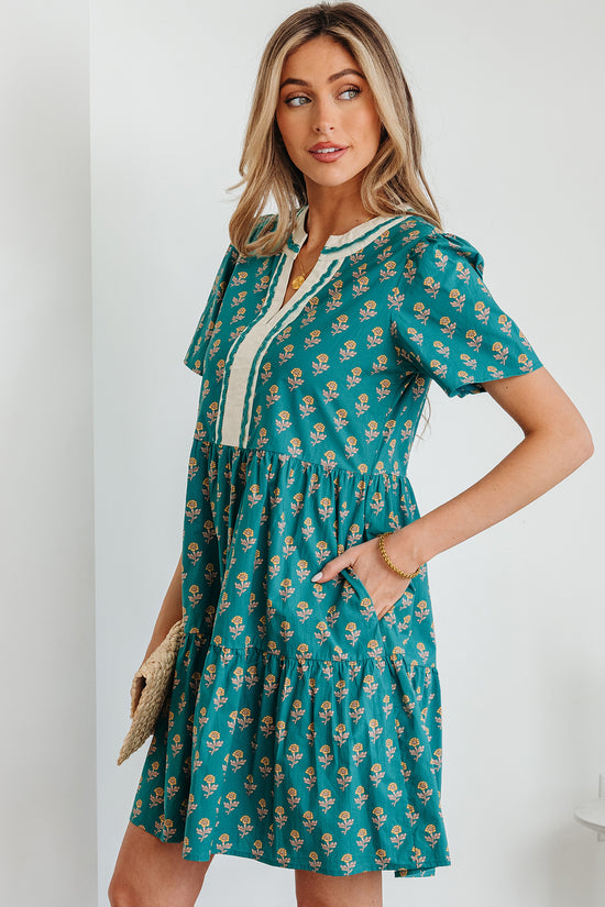 Green Contrast Trim V Neck Short Sleeve Floral Dress