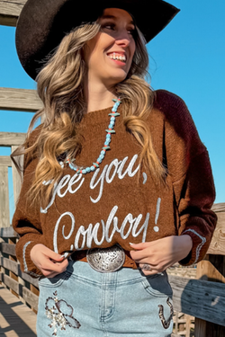 Caffè ci vediamo cowboy ricamato maglione grafico occidentale