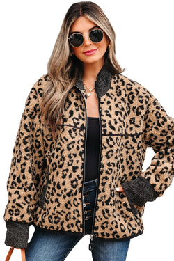 Khaki Leopard Print Zip Up Stand Neck Side Pocket Jacket