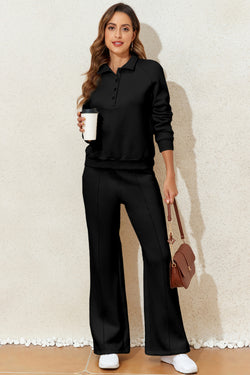 Black Solid Collared Sweatshirt and High Waist Pants Active Set