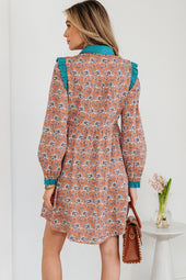 Orange Boho Floral Contrast Collared Shirt Mini Dress