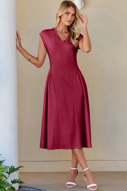 Red Dahlia Solid Color V Neck Pleated Flared Midi Dress