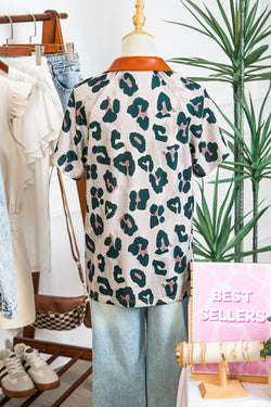 Casual Unique Leopard Print Button Contrast Collared Short Sleeve Blouse