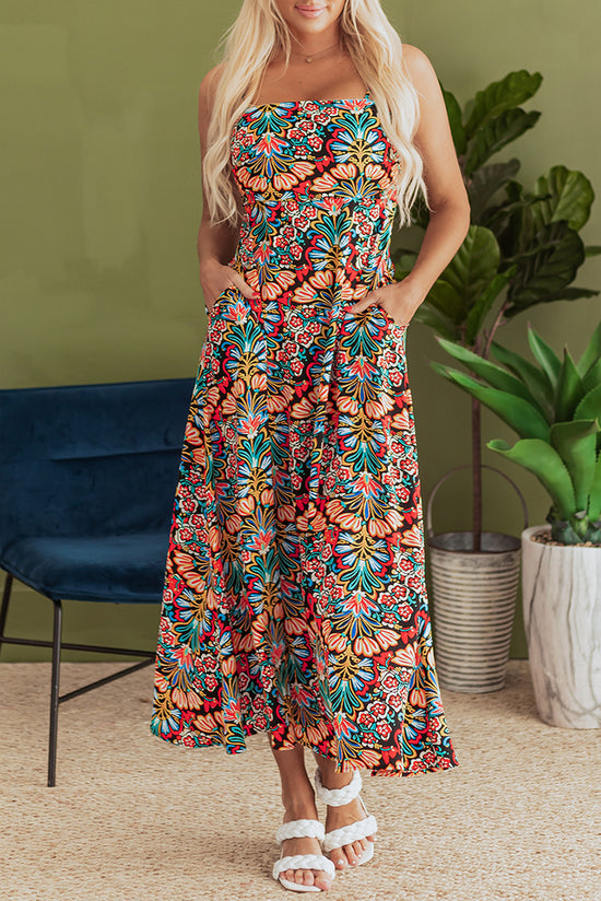 Black Boho Floral Impresión delgada Correos sin mangas MAXI MAXI Vestido