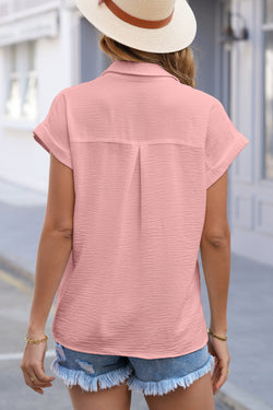 Pink Solid Color Cuffed Short Sleeve Shirt