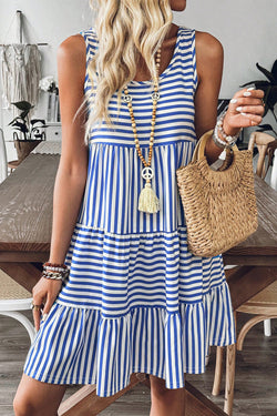 Sky Blue Stripe U Neck Maneveless Fit Fit Mini Vestido