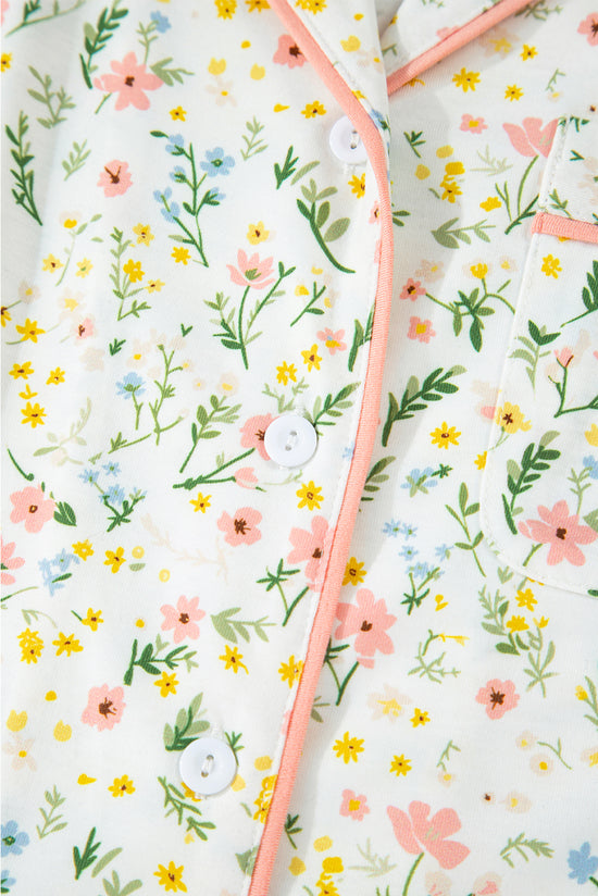 Floral Print Contrast Pipping Short Pajamas Set