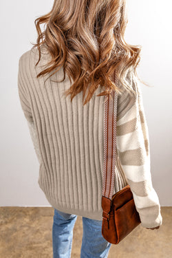 Chaki Cable Knit Colorblock Crew pescoço Drop Sweter ombro