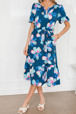 Blue Floral Print Short Puff Sleeve Ruffle Hem Belted Long Dress