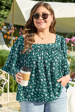 Blusa per le dimensioni plus size per il collo quadrato con stampa floreale verde