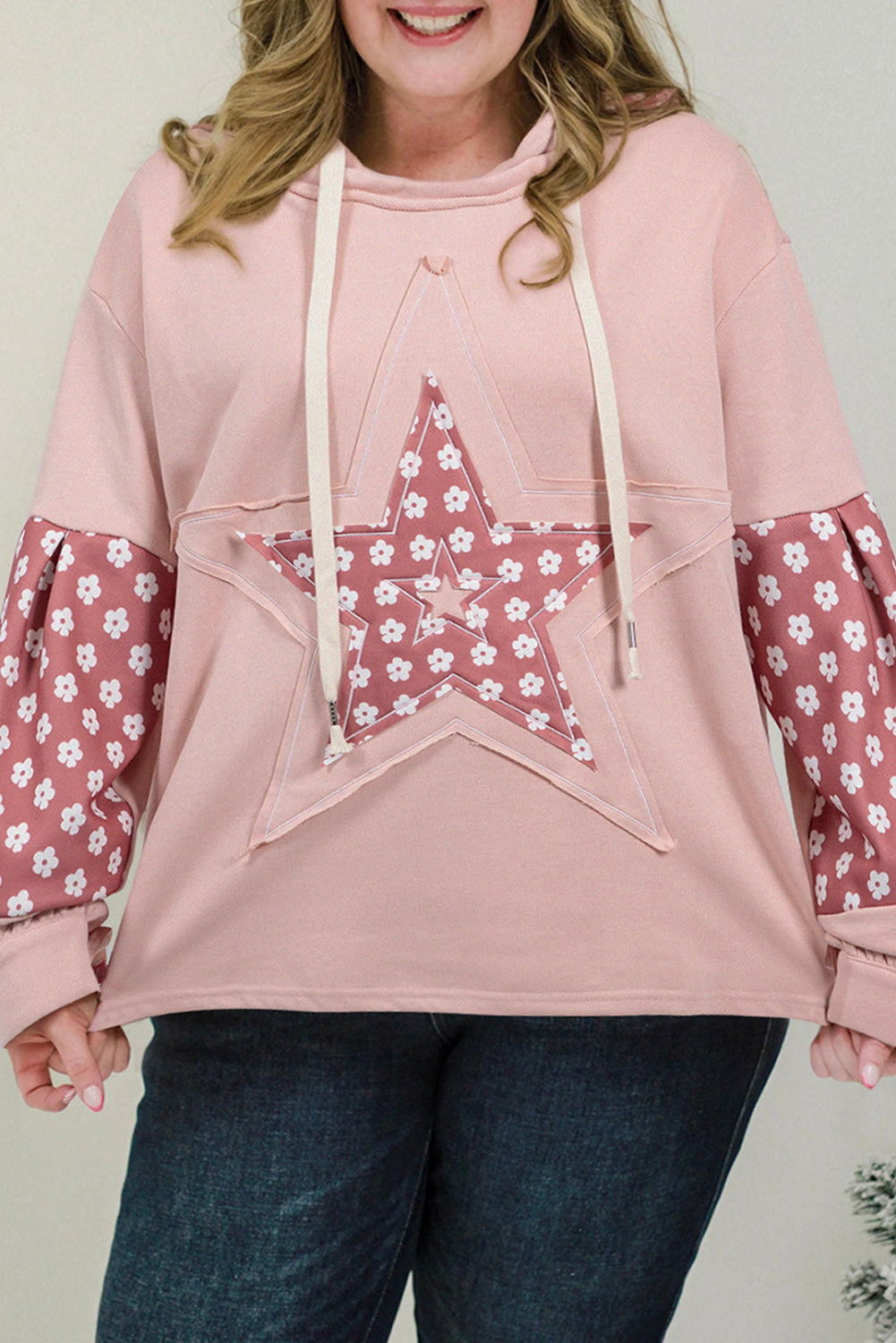 Delicaty Star Patch Gráfico de color floral Bloque de color con capucha de talla grande