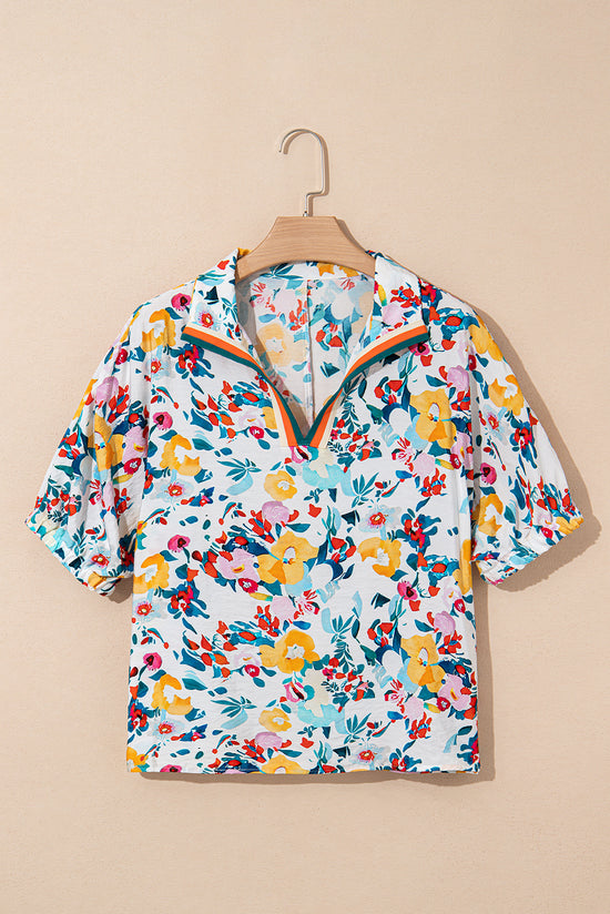 Blusa de manga curta rosa de estampa floral com estampa floral V de pescoço