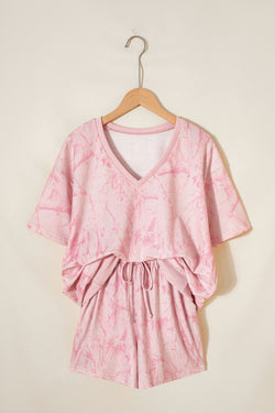 Pantaloncini con coulisse a T larghi con scollo a V e stampa astratta rosa, completo da 2 pezzi