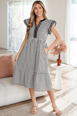 Brown Stripe Double Ruffled Short Sleeve Contrast Trim V Neck Midi Dress