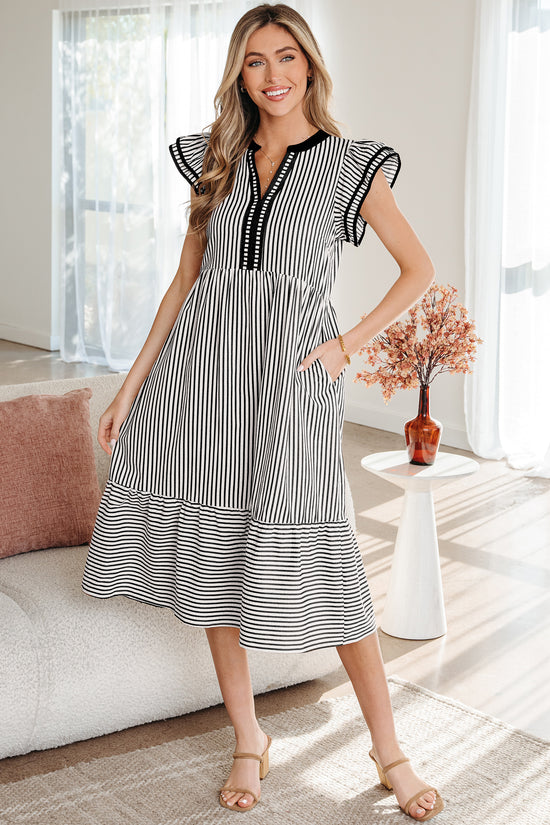 Brown Stripe Double Ruffled Short Sleeve Contrast Trim V Neck Midi Dress