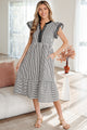 Brown Stripe Double Ruffled Short Sleeve Contrast Trim V Neck Midi Dress
