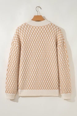 Smoke Gray Rhombus Textured Knit Mock Neck Sweater