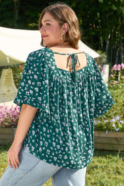 Blusa per le dimensioni plus size per il collo quadrato con stampa floreale verde