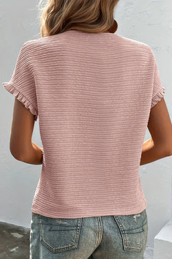 Black and Light Pink Solid Textured Ruffled Short Sleeve Blouse