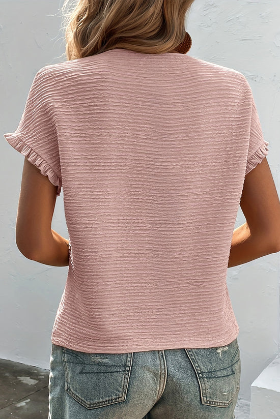 Black and Light Pink Solid Textured Ruffled Short Sleeve Blouse