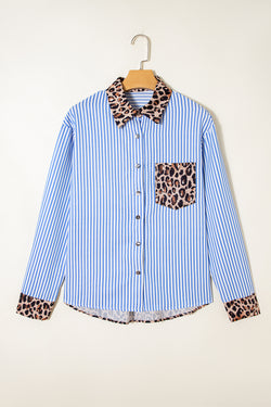 Racing Red Striped Leopard Print Patchwork Button Up Womens Shirt