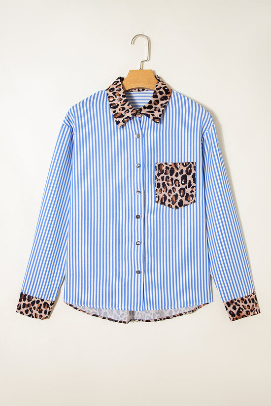 Racing Red Striped Leopard Print Patchwork Button Up Womens Shirt