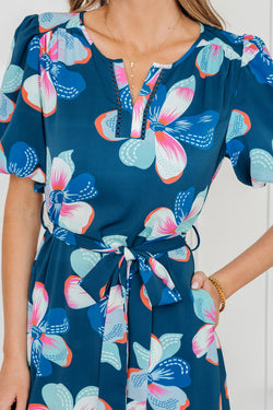 Blue Floral Print Short Puff Sleeve Ruffle Hem Belted Long Dress