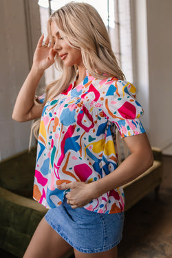 Multicolour Abstract Stamping Dettaglio in pizzo Scempimento a manicotto corto Shirte