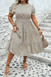 Beige Plus Size Leopard Print Frill Trim Short Sleeve Flared Dress