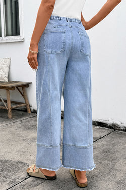 Prussian Blue Drawstring Seam Detail Raw Hem Wide Leg Denim Pants