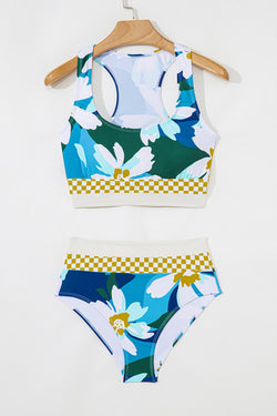 Green Floral Print Racerback Cutout High Taist 2pcs Bikini