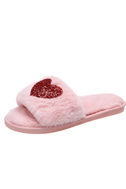 Pantuflas de felpa sin cordones en forma de corazón con lentejuelas rosas