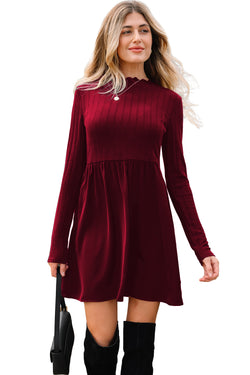 Black Frilled Neck Ribbed Knit Patchwork Long Sleeve Mini Dress
