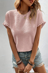 Black and Light Pink Solid Textured Ruffled Short Sleeve Blouse