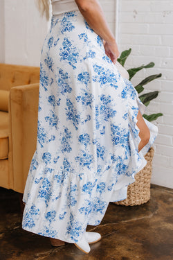 Sky Blue Boho Floral High Bruffer Maxi Skirt