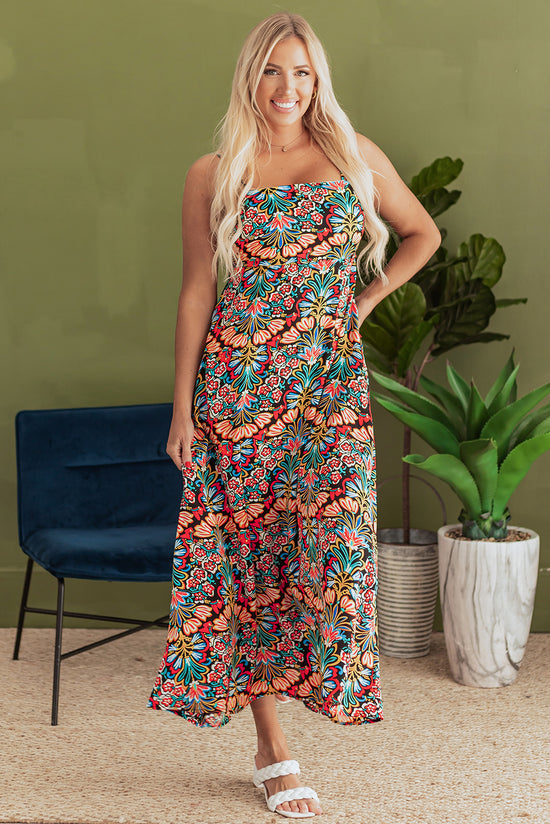 Black Boho Floral Impresión delgada Correos sin mangas MAXI MAXI Vestido