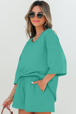 Meadow Mist Green Solid Sole Lo suelto V Neck Media manga y pantalones pantalones cortos