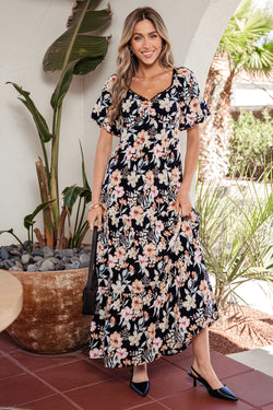 Blue Short Sleeve Smocked Detail High Waist Floral Maxi Dress