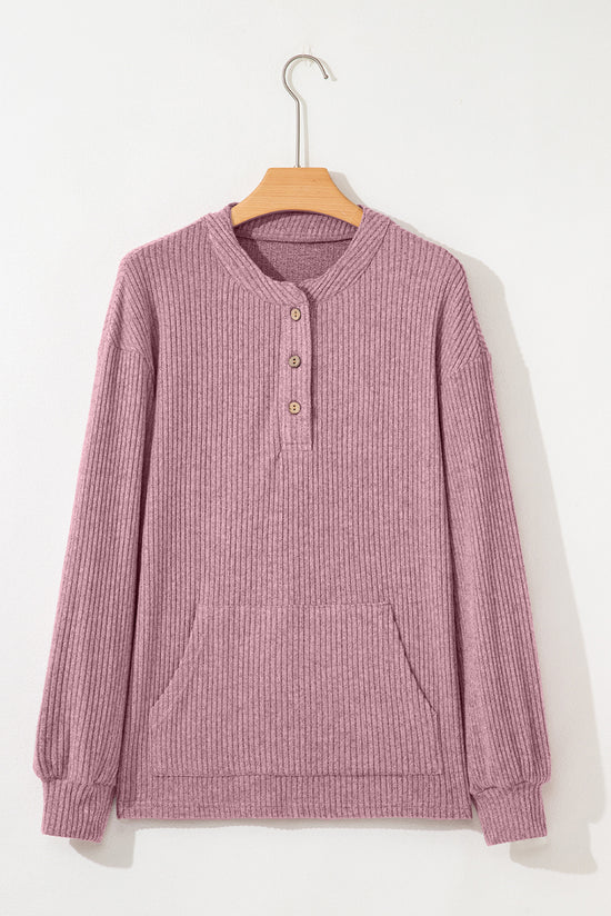 Haut en tricot Henley rose à épaules tombantes et texture côtelée