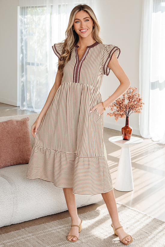 Brown Stripe Double Ruffled Short Sleeve Contrast Trim V Neck Midi Dress