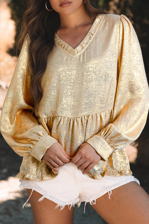 Blusa de manga de babydoll com pescoço de pescoço de ouro metálico de ouro