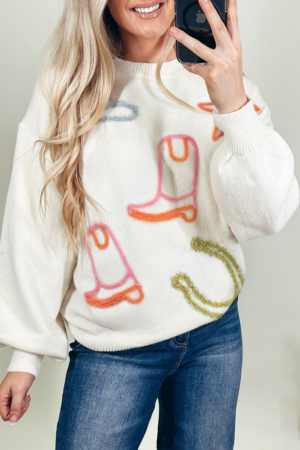 Tinsel blanco Boots occidentales Horseshoe Star Knit Crew Cuello Suéter
