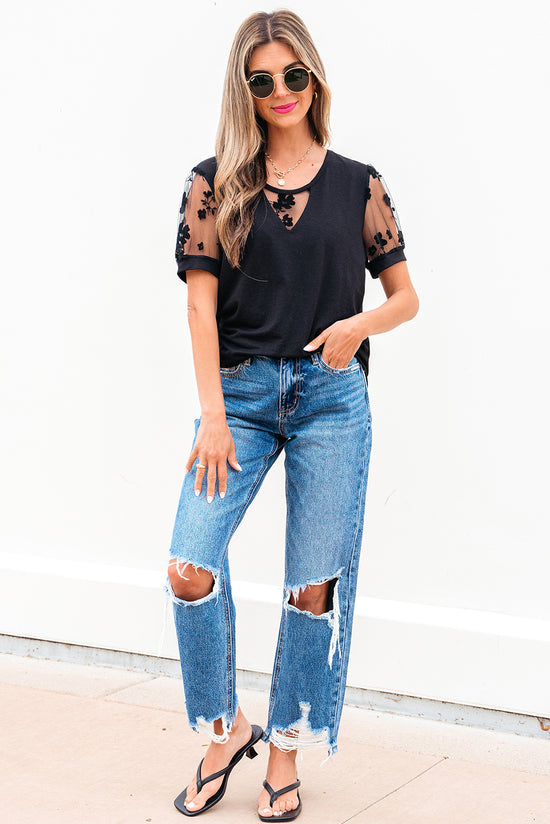 T-shirt à col état-pied en dentelle Black Flora