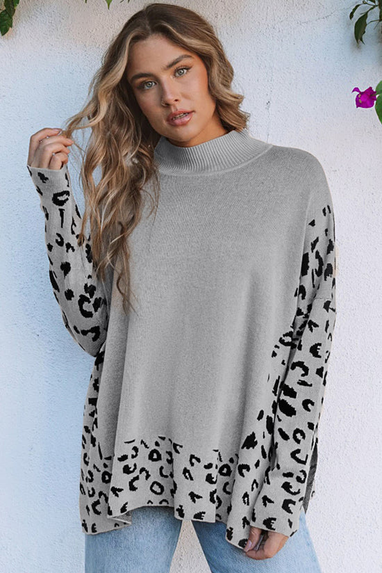 Chaqued Leopard High Neck Latern Slit Sweater de grandes dimensões