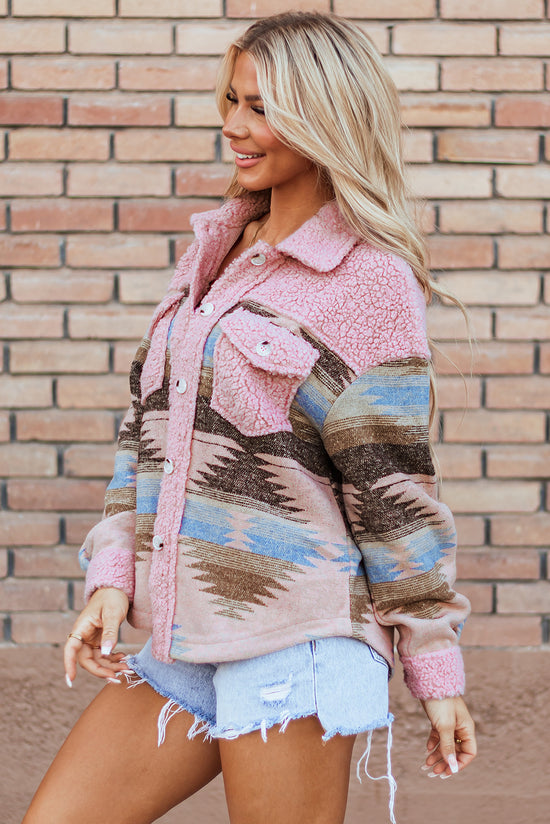 Pink Western Aztec Print Sherpa Supling Botsed Flap Pocket Coat