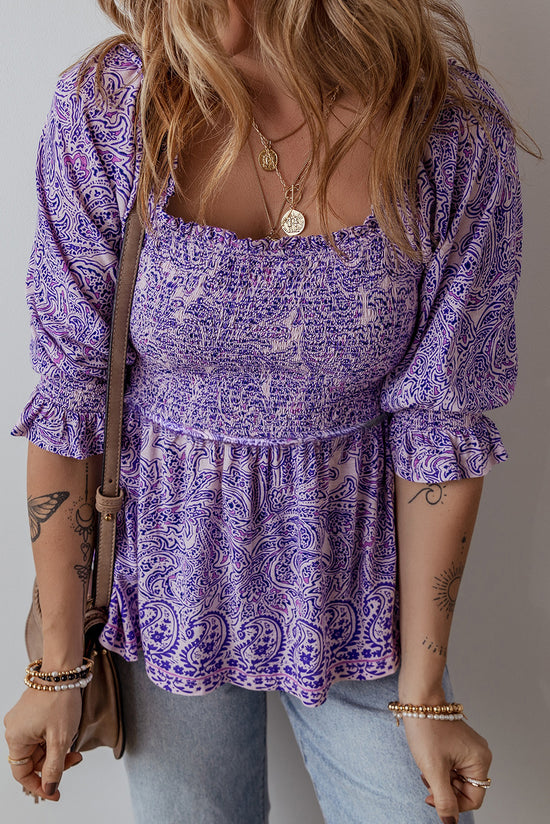 Purple Boho Paisley Stampa a mezza manica Shirred Peplum Blouse