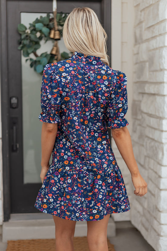 Blue Wild Daisy Floral Split Neck Short Puff Sleeve Mini Dress