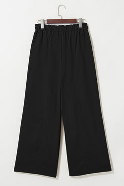 Black Solid Color Drawstring Elastic Waist Casual Loose Pants