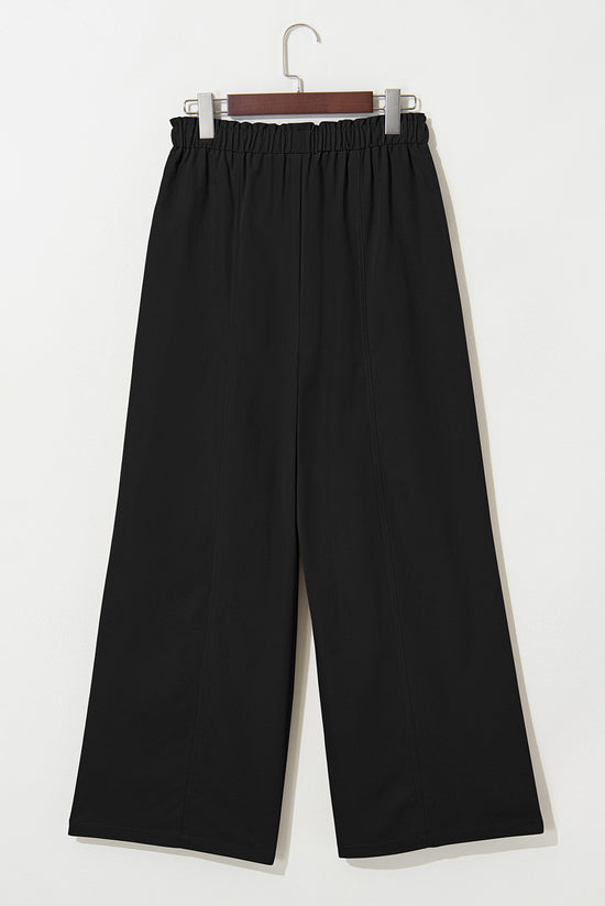 Black Solid Color Drawstring Elastic Waist Casual Loose Pants