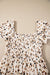 Robe beige à petites fleurs et imprimé floral, smockée, col carré, volants, manches courtes